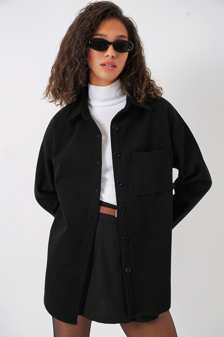 BGD Women Single Pocket Buttoned Overcoat Shirt - Black - Oceanside