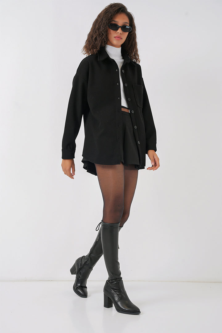 BGD Women Single Pocket Buttoned Overcoat Shirt - Black - Oceanside
