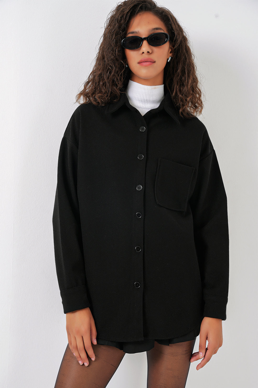 BGD Women Single Pocket Buttoned Overcoat Shirt - Black - Oceanside