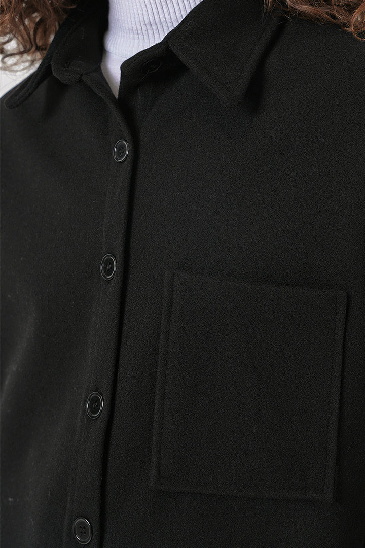 BGD Women Single Pocket Buttoned Overcoat Shirt - Black - Oceanside
