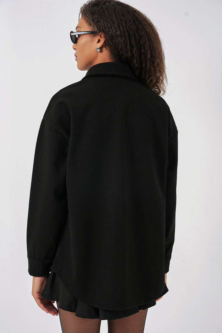 BGD Women Single Pocket Buttoned Overcoat Shirt - Black - Oceanside