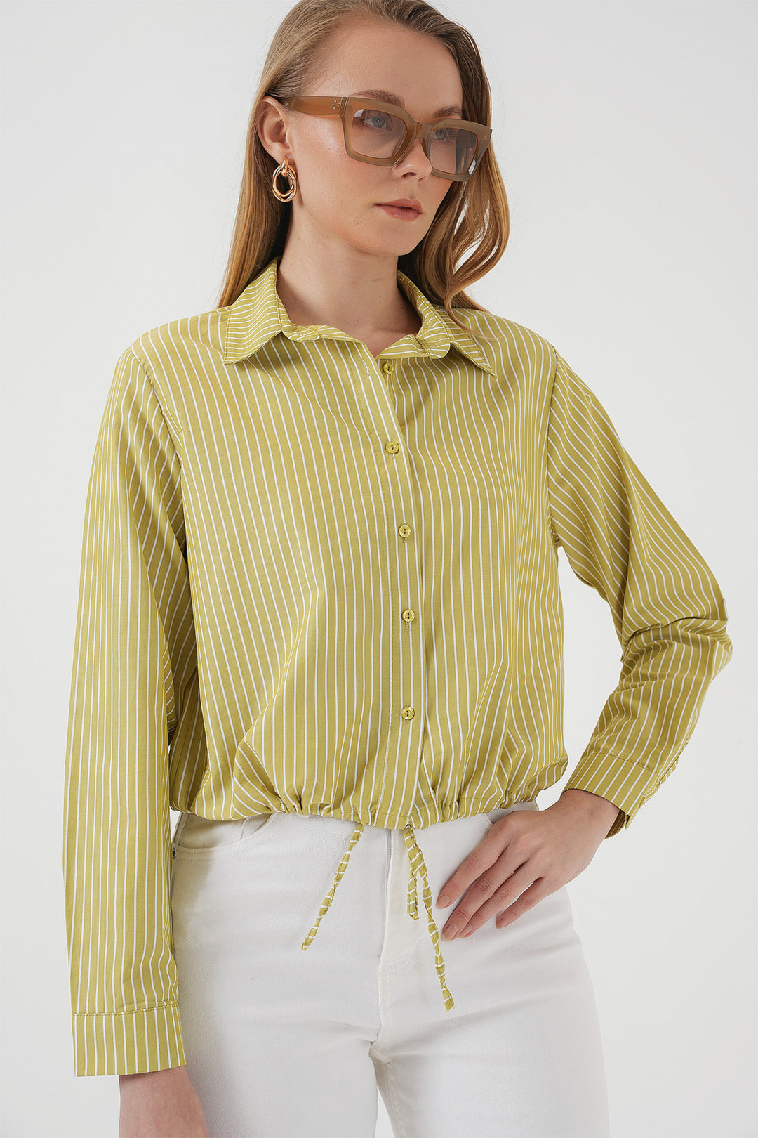 BGD Women Long Sleeve Striped Shirt - Dark Green - Merrillville