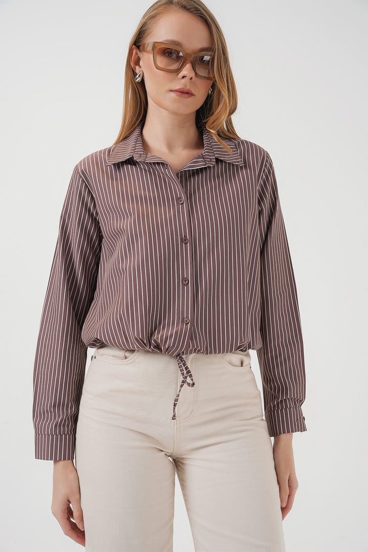 BGD Women Long Sleeve Striped Shirt - Brown - Smarhon