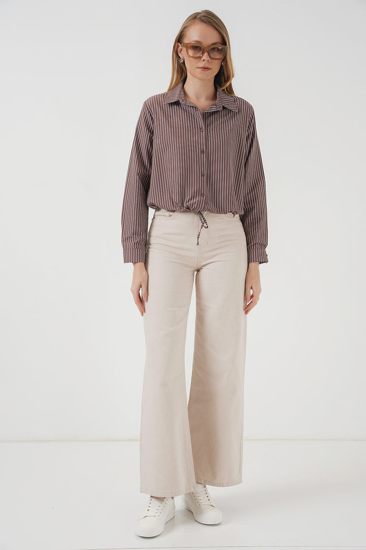BGD Women Long Sleeve Striped Shirt - Brown - Smarhon
