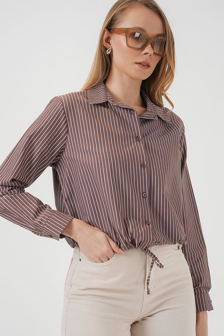 BGD Women Long Sleeve Striped Shirt - Brown - Smarhon