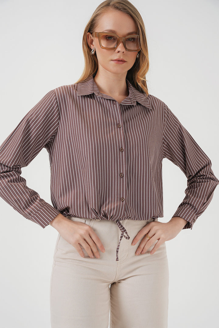 BGD Women Long Sleeve Striped Shirt - Brown - Smarhon