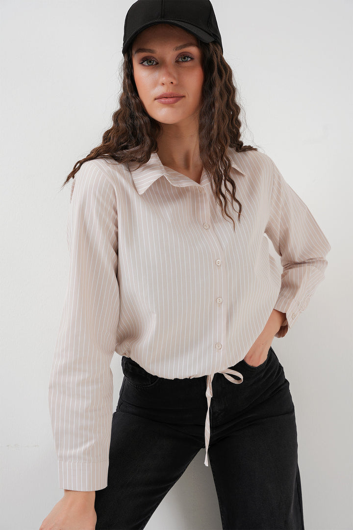 BGD Women Long Sleeve Striped Shirt - Cream - Troyes