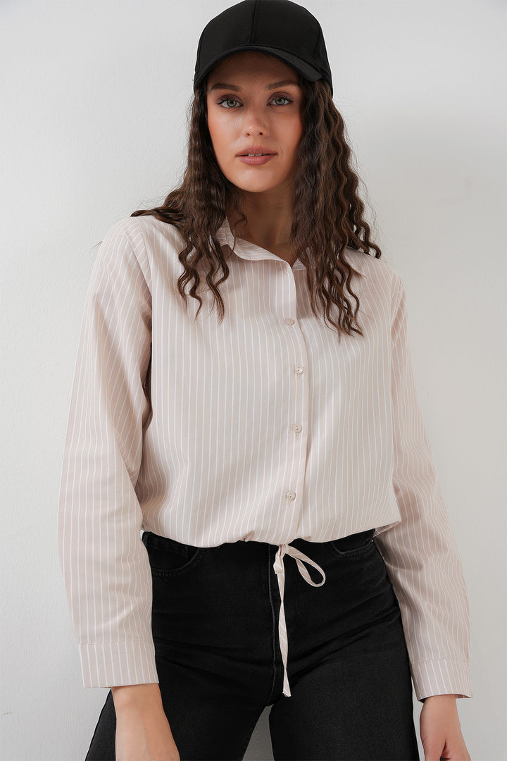 BGD Women Long Sleeve Striped Shirt - Cream - Troyes