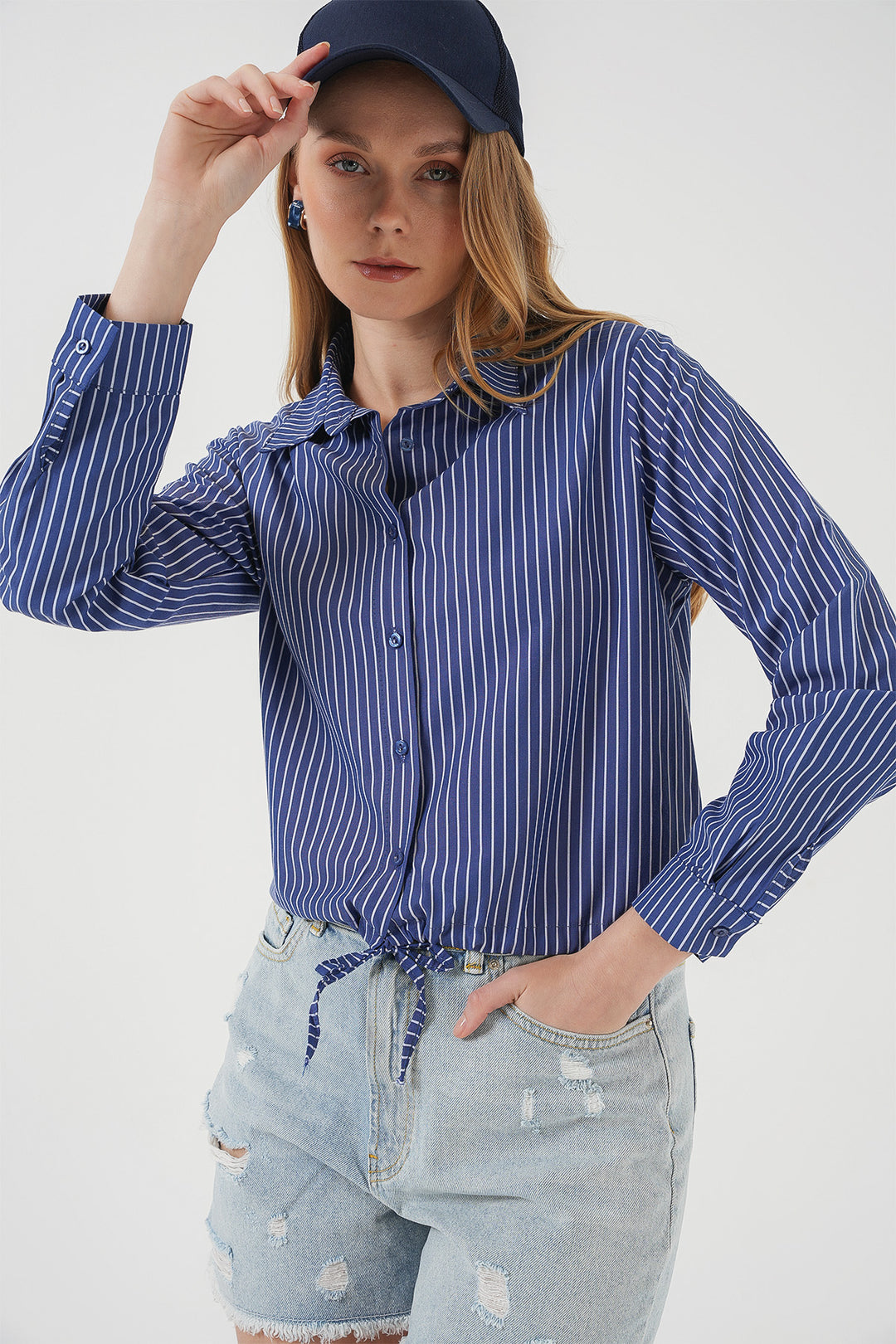 BGD Women Long Sleeve Striped Shirt - Navy - Bacău
