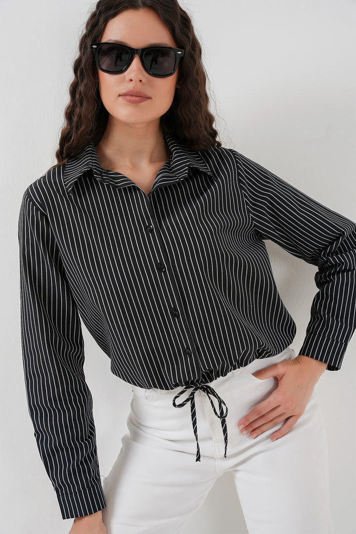 BGD Women Long Sleeve Striped Shirt - Black - Cicero