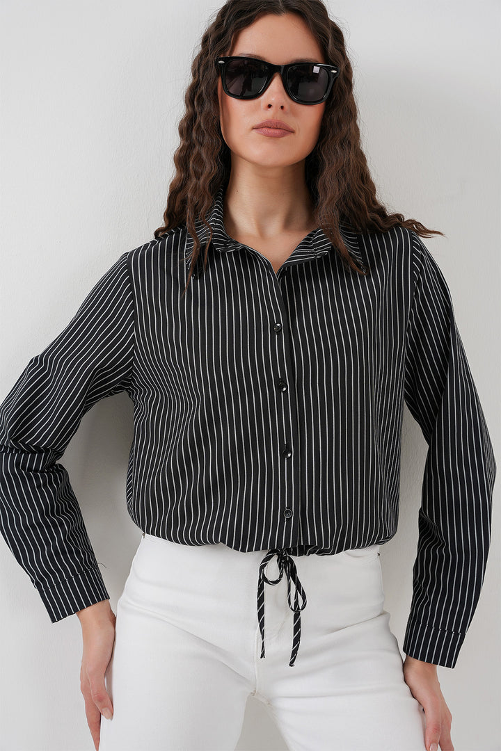 BGD Women Long Sleeve Striped Shirt - Black - Cicero
