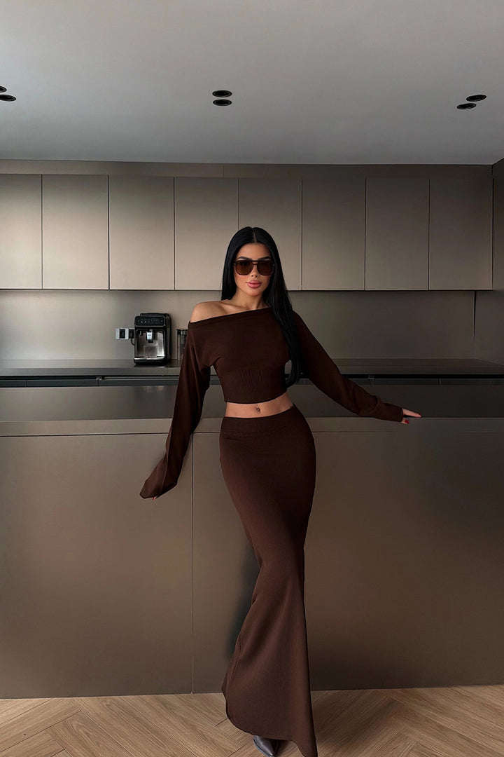 EYY Women Dark Brown Long Sleeve Skirt Set - Springville