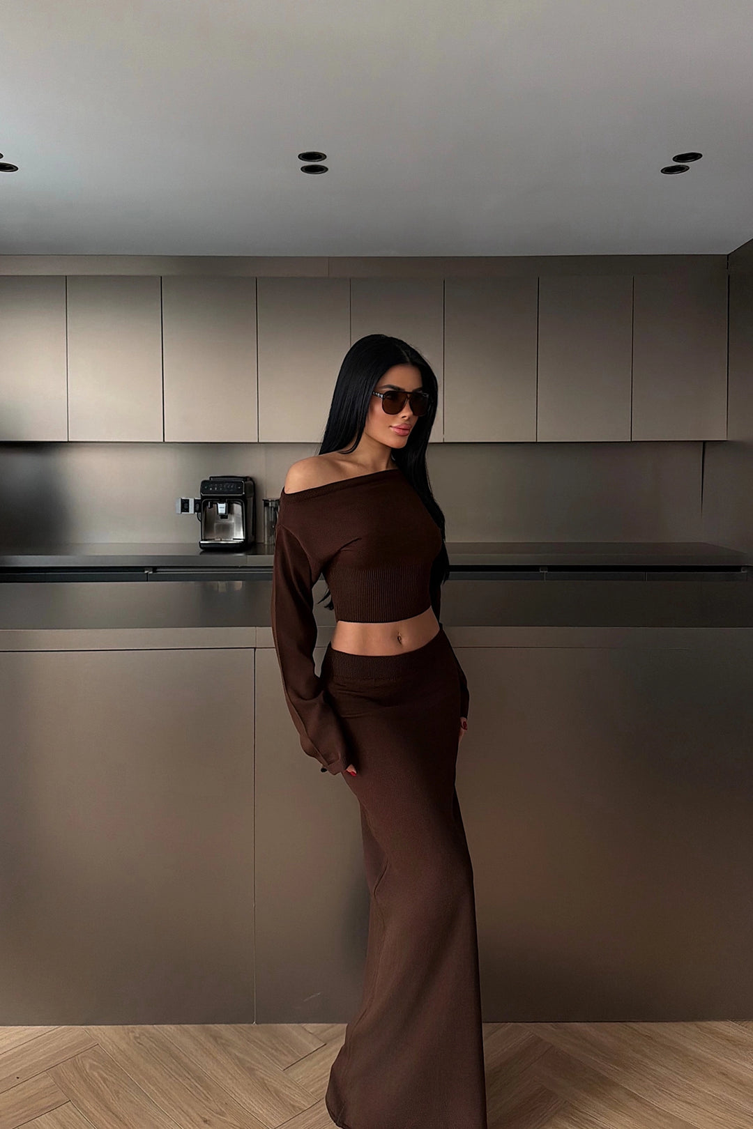 EYY Women Dark Brown Long Sleeve Skirt Set - Springville