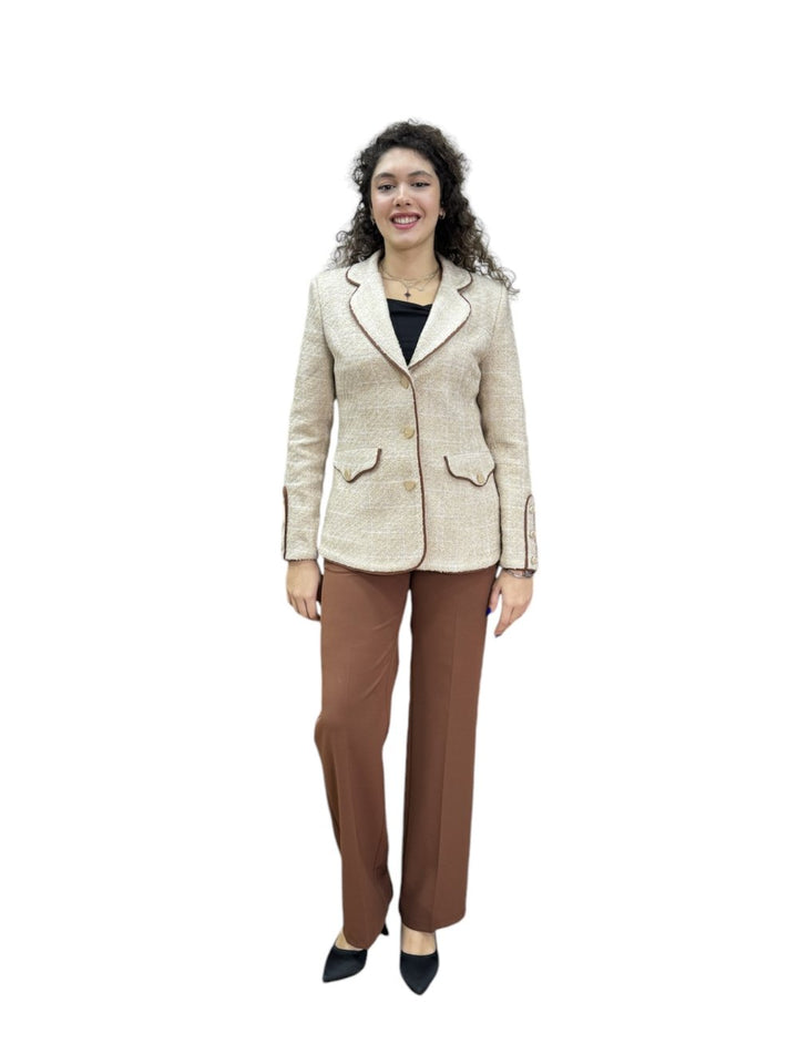 NDL Women 3 Button Knit Fabric Jacket Women's Suit Beige-Brown - Igualada