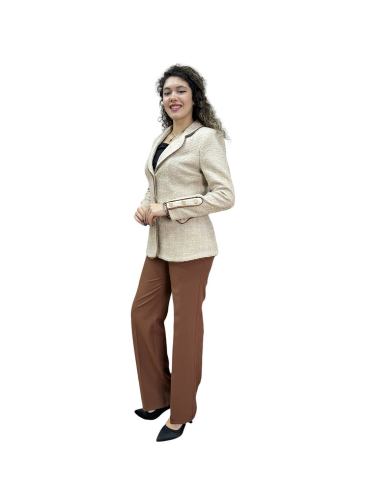 NDL Women 3 Button Knit Fabric Jacket Women's Suit Beige-Brown - Igualada