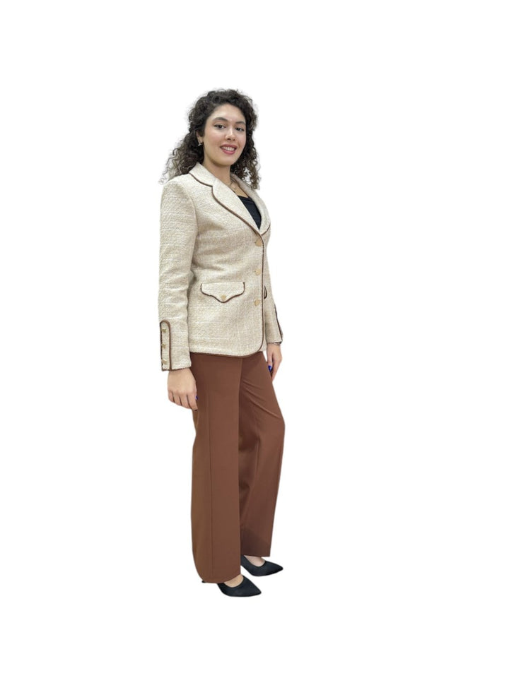 NDL Women 3 Button Knit Fabric Jacket Women's Suit Beige-Brown - Igualada