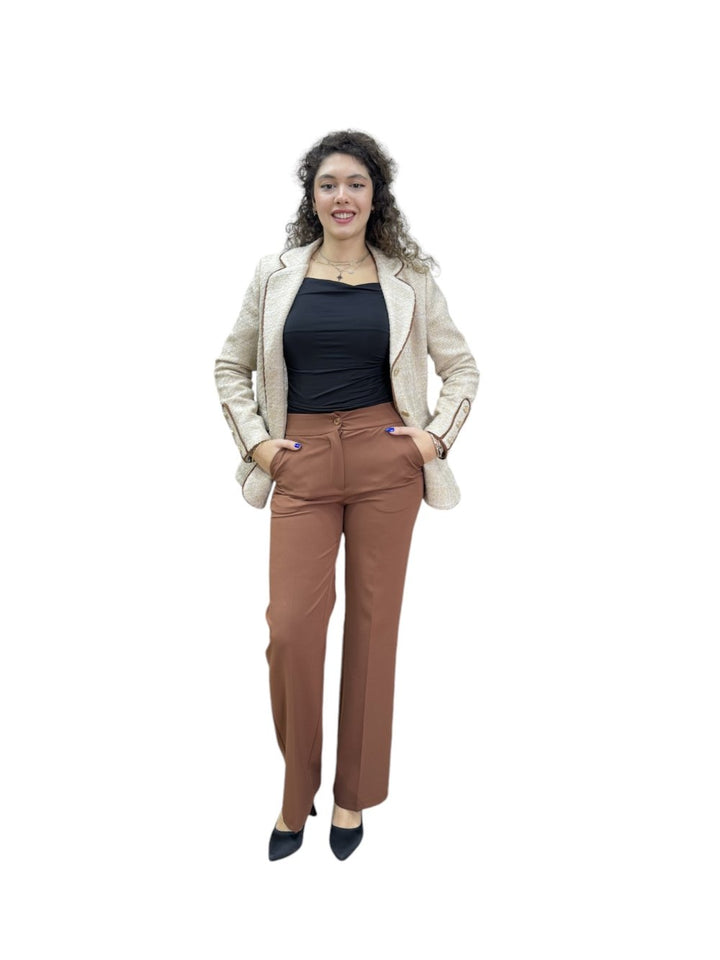NDL Women 3 Button Knit Fabric Jacket Women's Suit Beige-Brown - Igualada