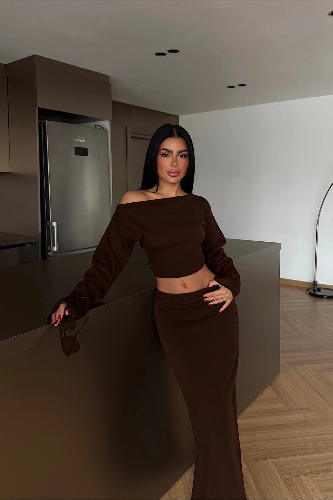 EYY Women Dark Brown Long Sleeve Skirt Set - Springville