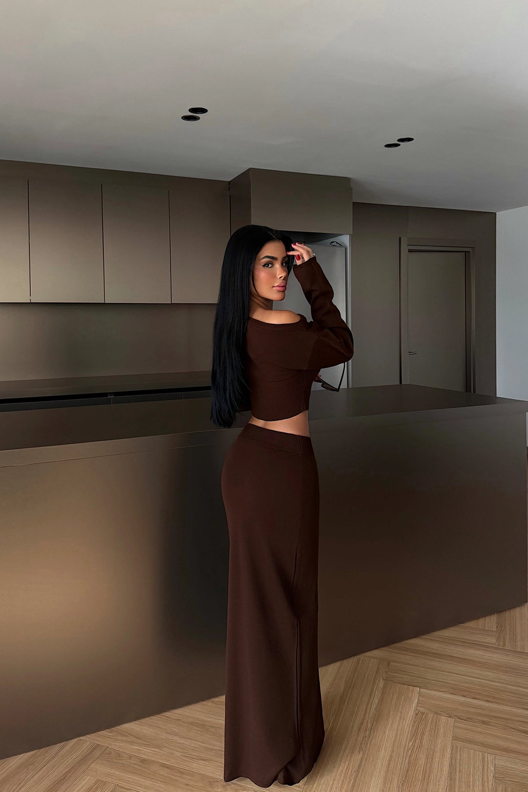 EYY Women Dark Brown Long Sleeve Skirt Set - Springville