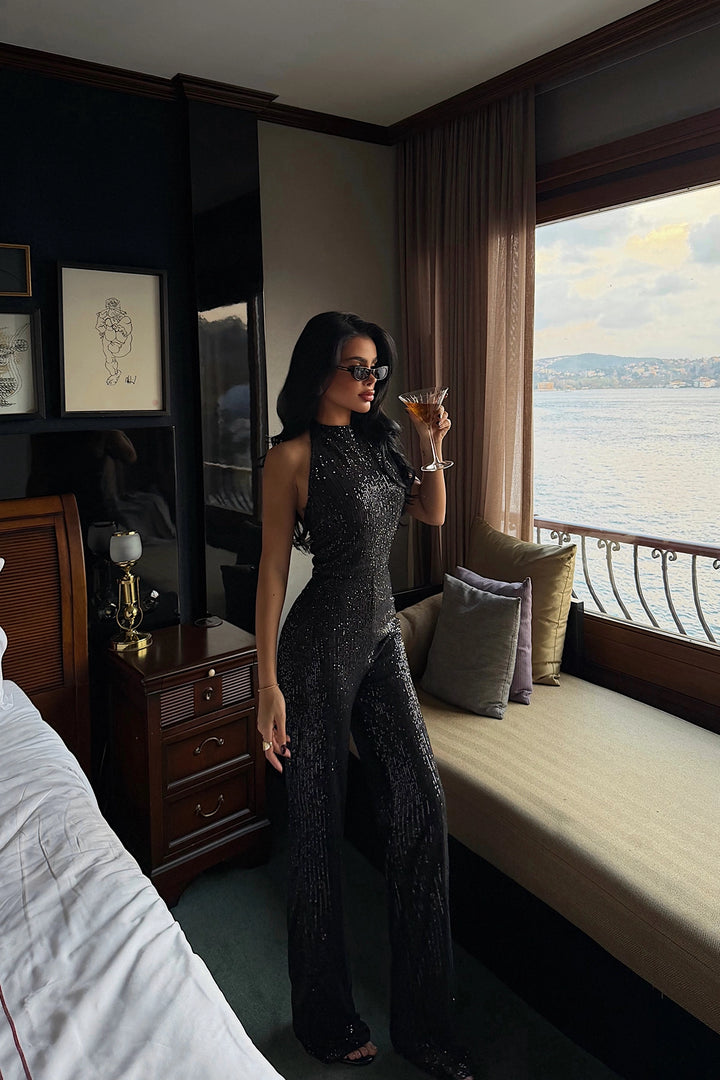 EYY Women Black Glittery Straped Evening Jumpsuit - Port St. Lucie