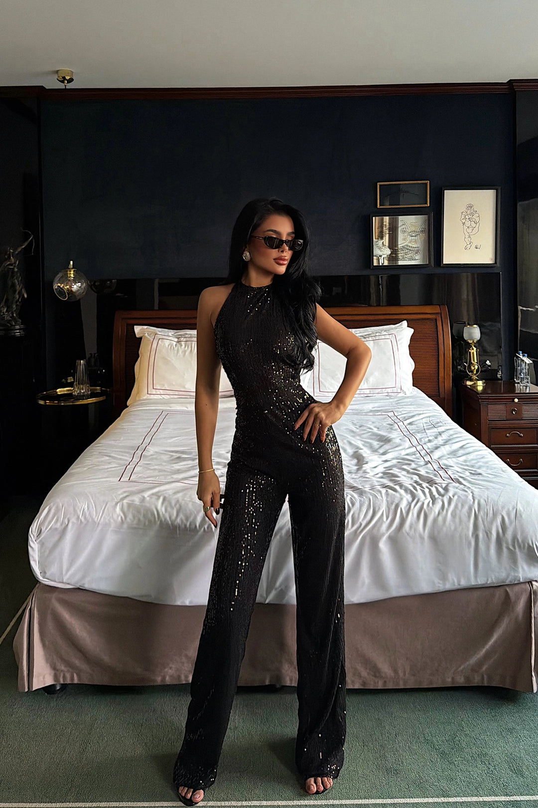 EYY Women Black Glittery Straped Evening Jumpsuit - Port St. Lucie