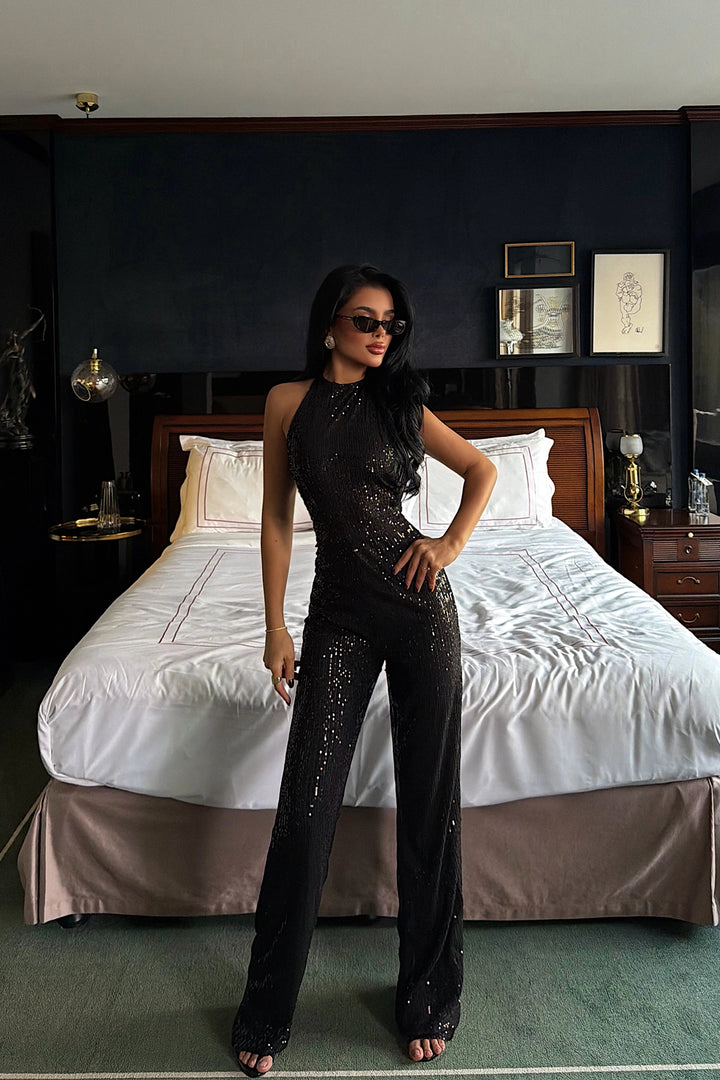 EYY Women Black Glittery Straped Evening Jumpsuit - Port St. Lucie