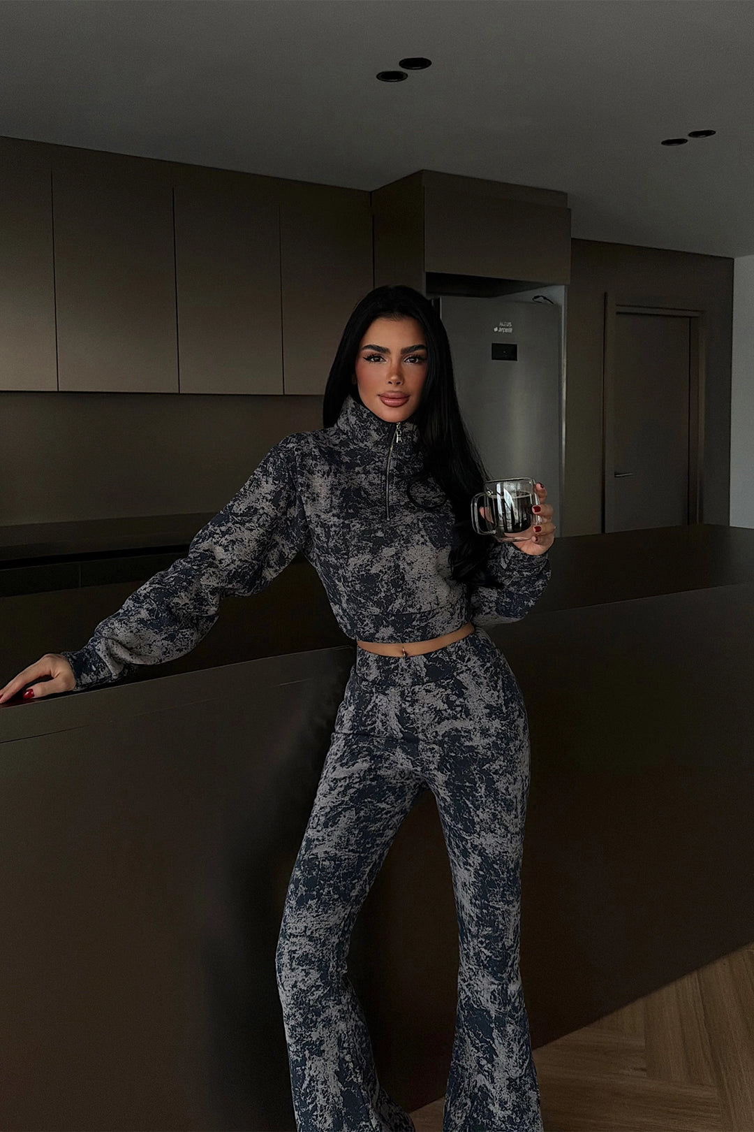 EYY Women Lacivert Desenli Kırpma Takım - Guasave