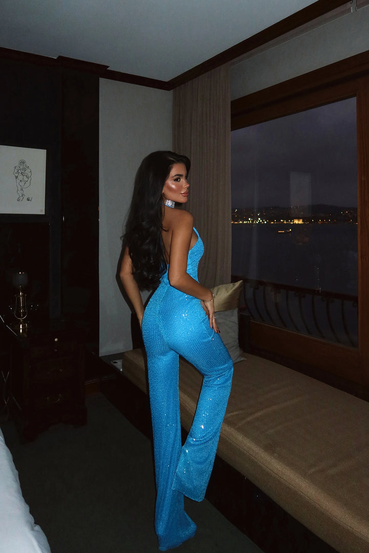 EYY Women Blue Glittery Straped Evening Jumpsuit - Chur