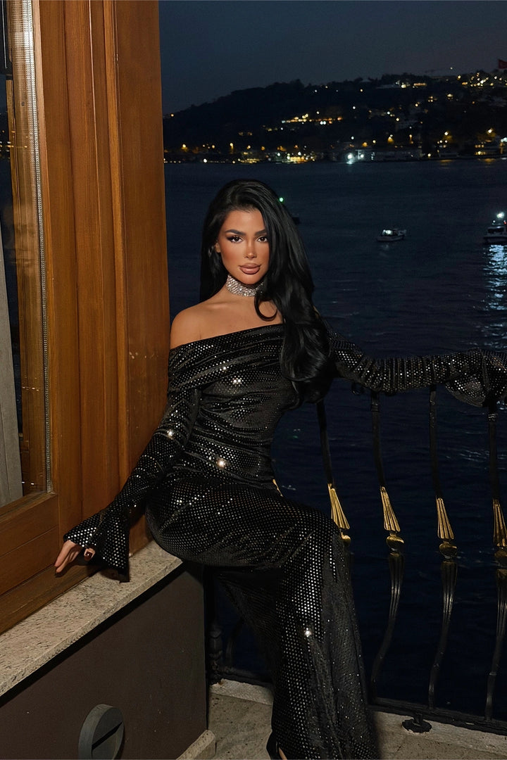 EYY Women Silver Sequined Boat Neck Long Dress - Falkensee