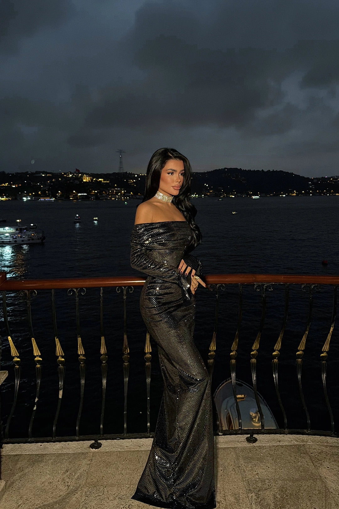 EYY Women Silver Sequined Boat Neck Long Dress - Falkensee