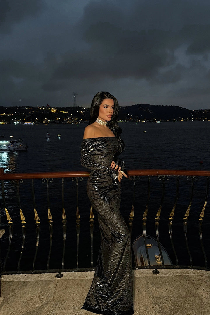 EYY Women Silver Sequined Boat Neck Long Dress - Falkensee