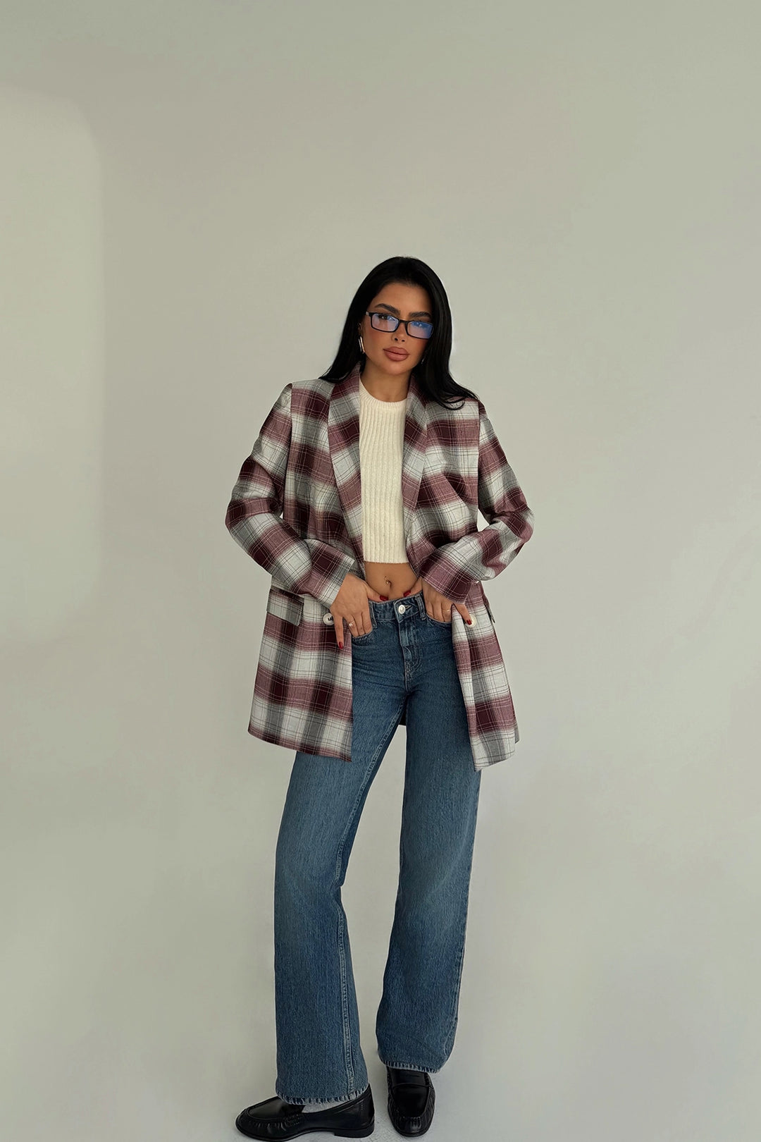 EYY Women Purple Buttoned Plaid Jacket - Levallois-Perret