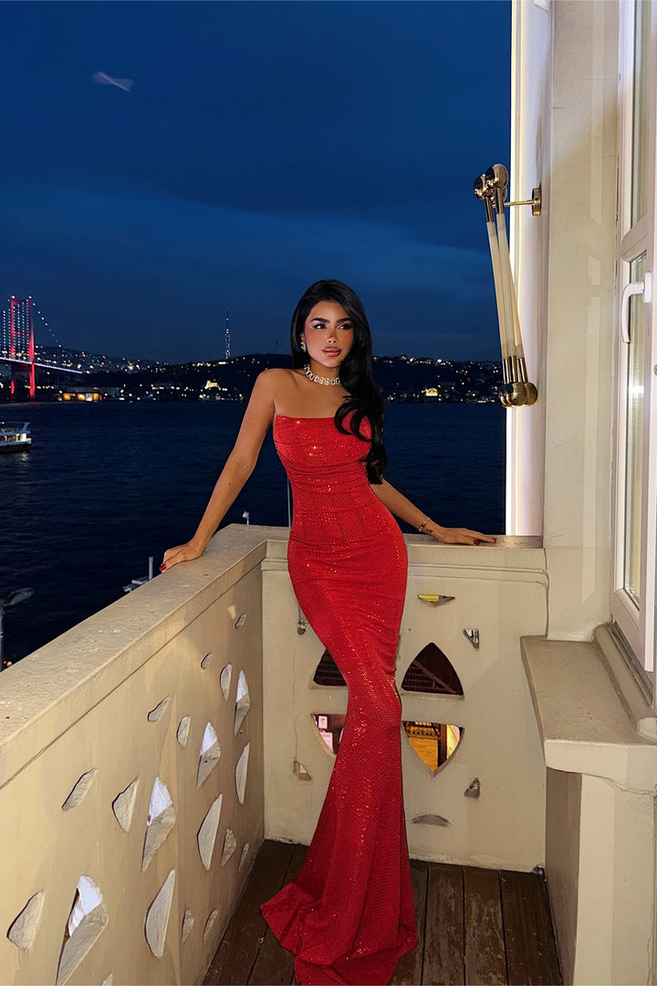 EYY Women Red Strapless Long Dress - Formigine