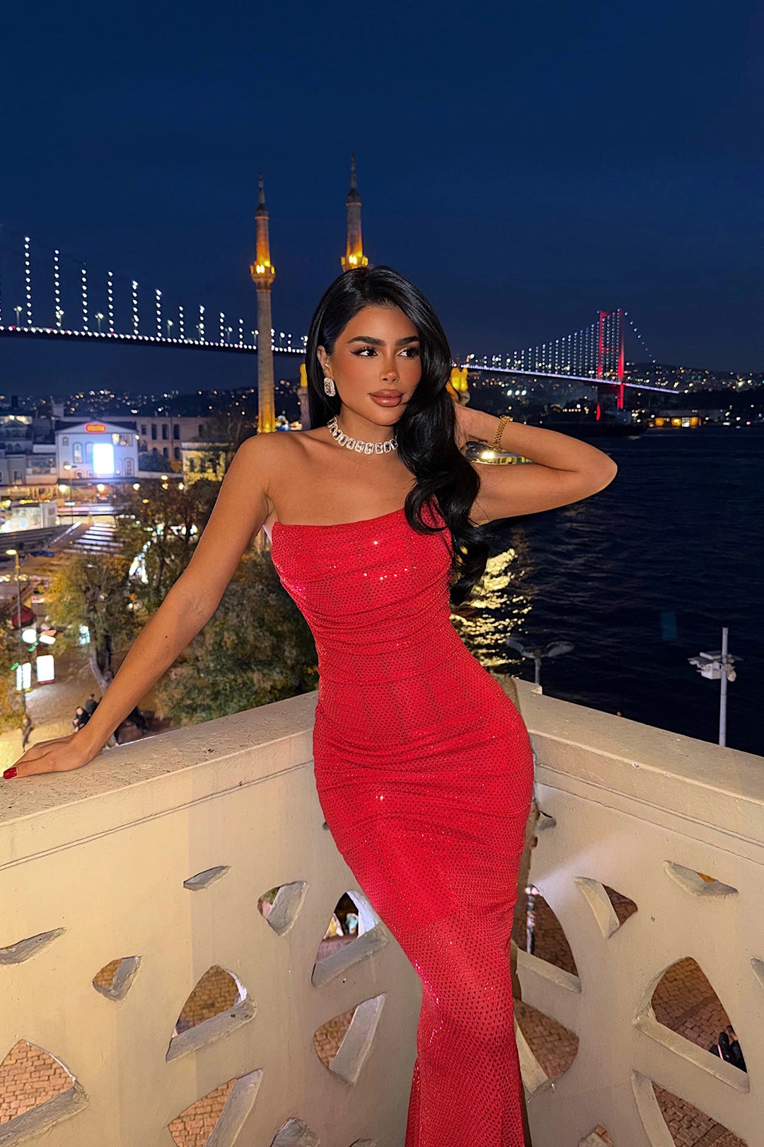 EYY Women Red Strapless Long Dress - Formigine