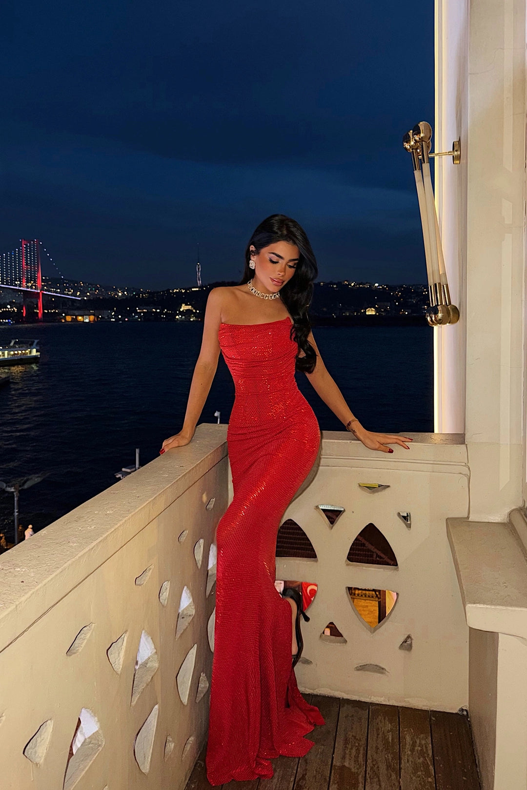 EYY Women Red Strapless Long Dress - Formigine