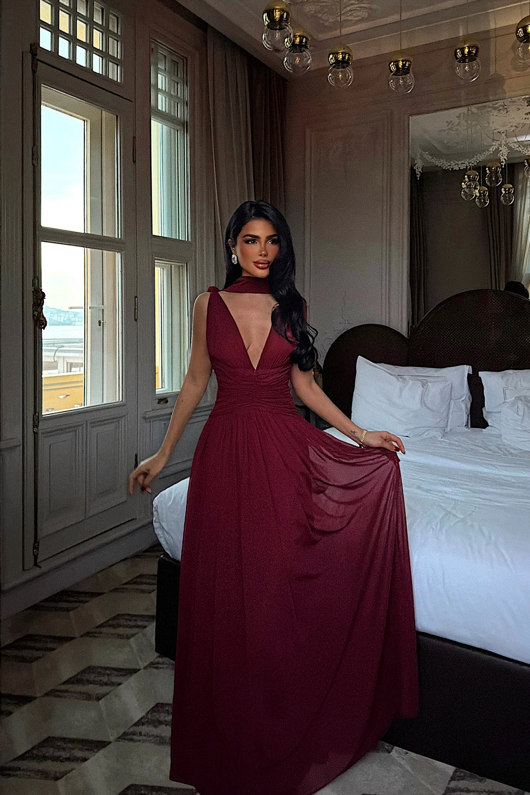 EYY Women Burgundy Gathered Detail Dress - Meppen