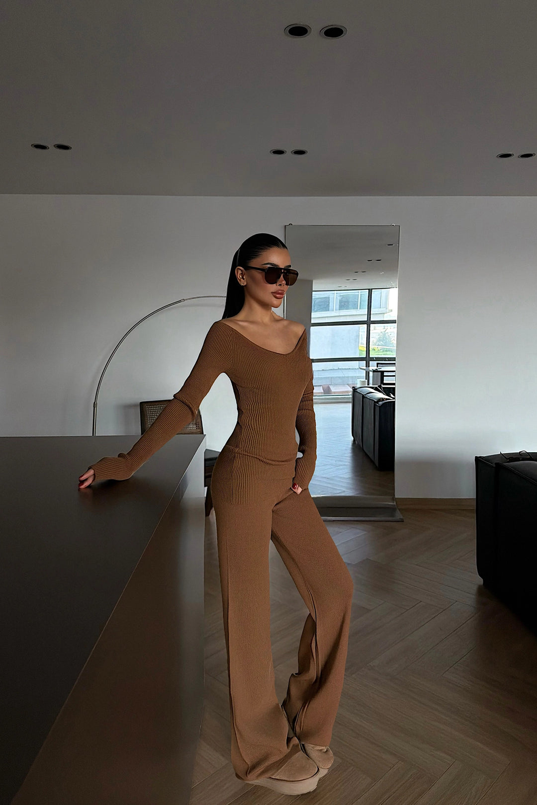 EYY Women Brown Off-Shoulder Knit Set - Leavenworth