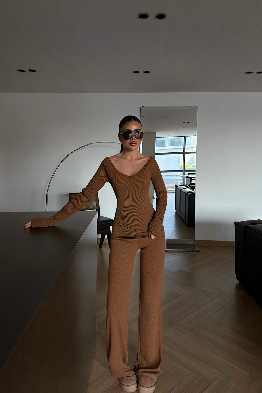 EYY Women Brown Off-Shoulder Knit Set - Leavenworth