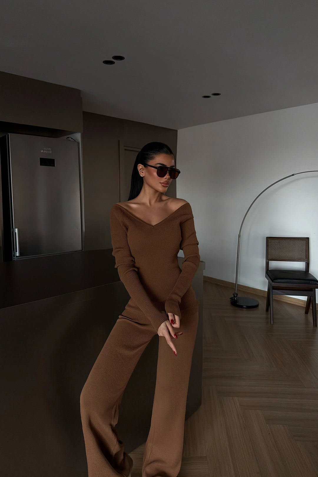 EYY Women Brown Off-Shoulder Knit Set - Leavenworth