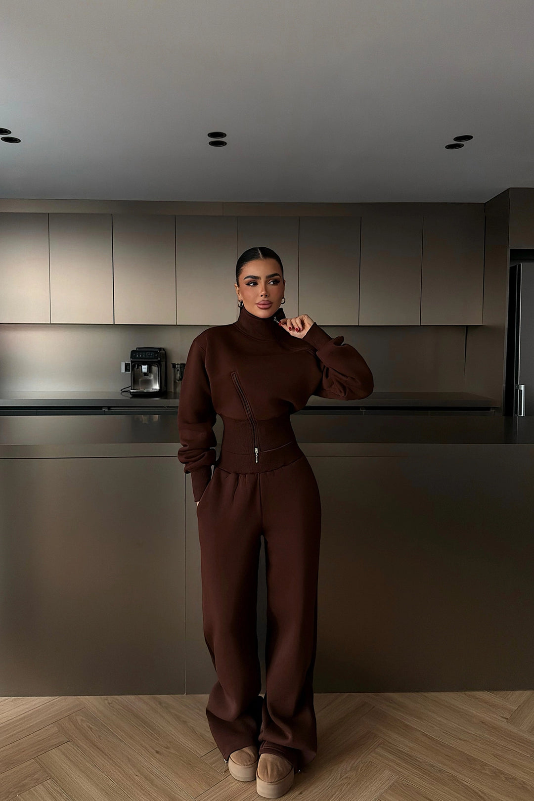 EYY Women Kahverengi Fermuar Detaylı Eşofman Takımı - Kobryn
