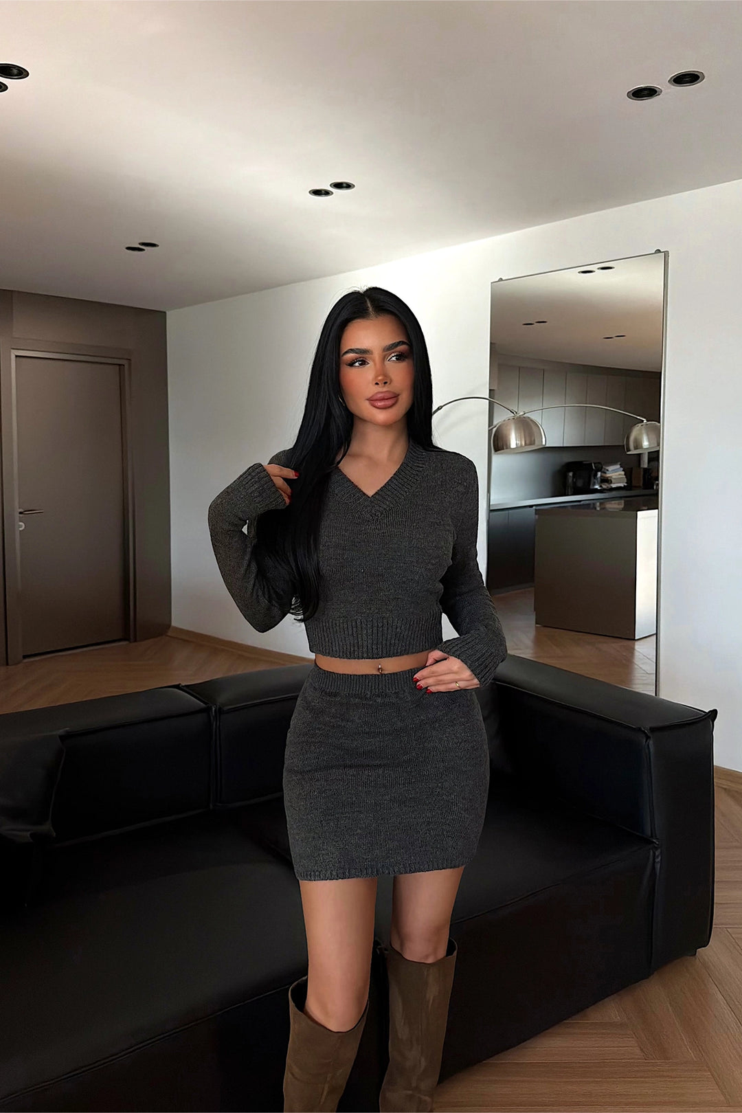 EYY Women Anthracite Knitted Skirt Set - Nashua