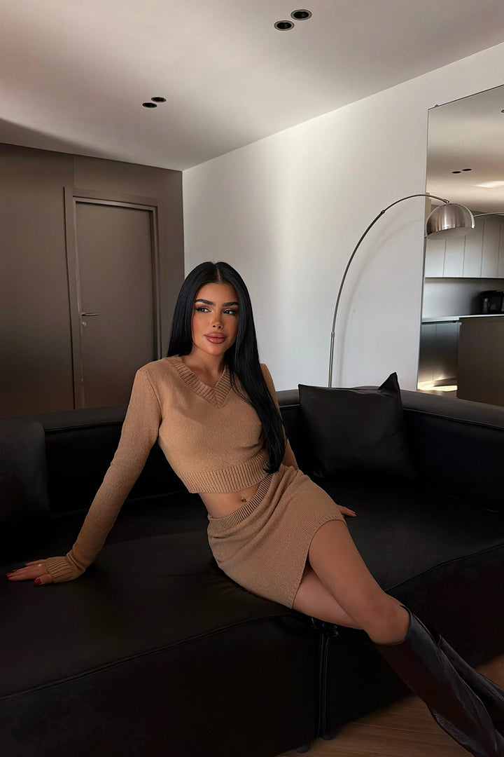 EYY Women Camel Knit Skirt Set - Tamiami
