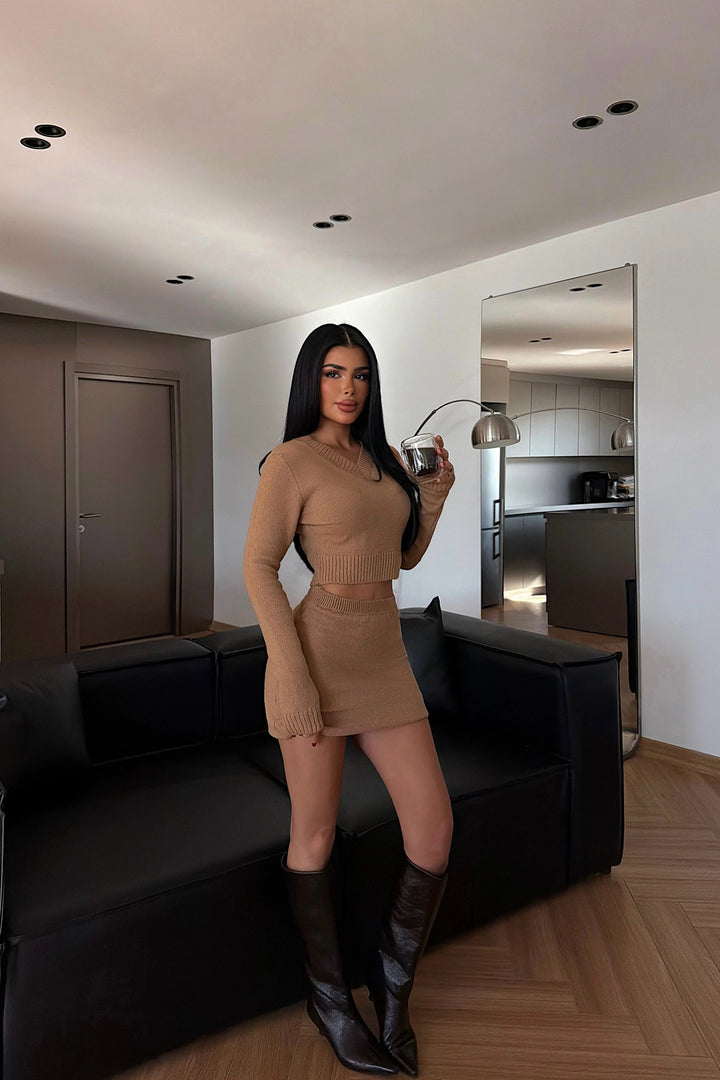 EYY Women Camel Knit Skirt Set - Tamiami