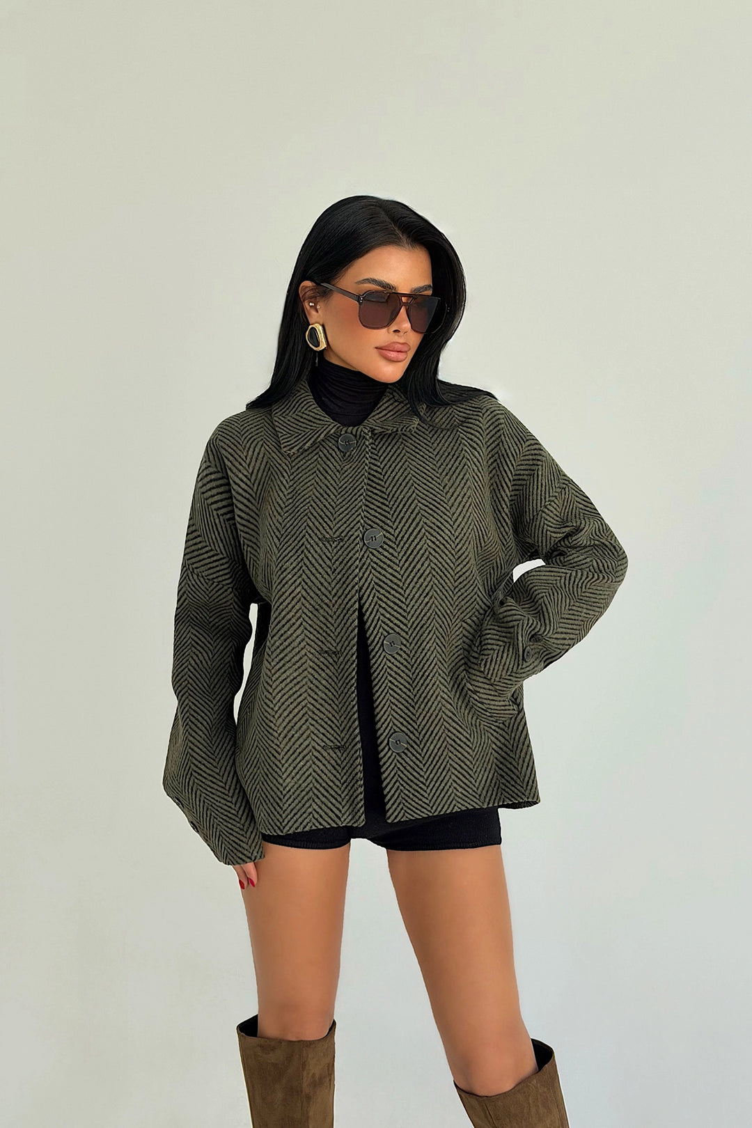 EYY Women Khaki Pocket Detail Double-Breasted Collar Jacket - Auburn