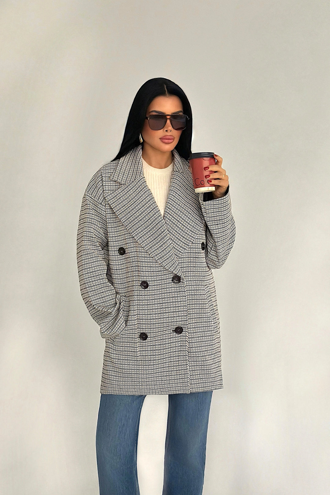 EYY Women Kahverengi Çizgili Düğme Detaylı Ceket - Bordeaux