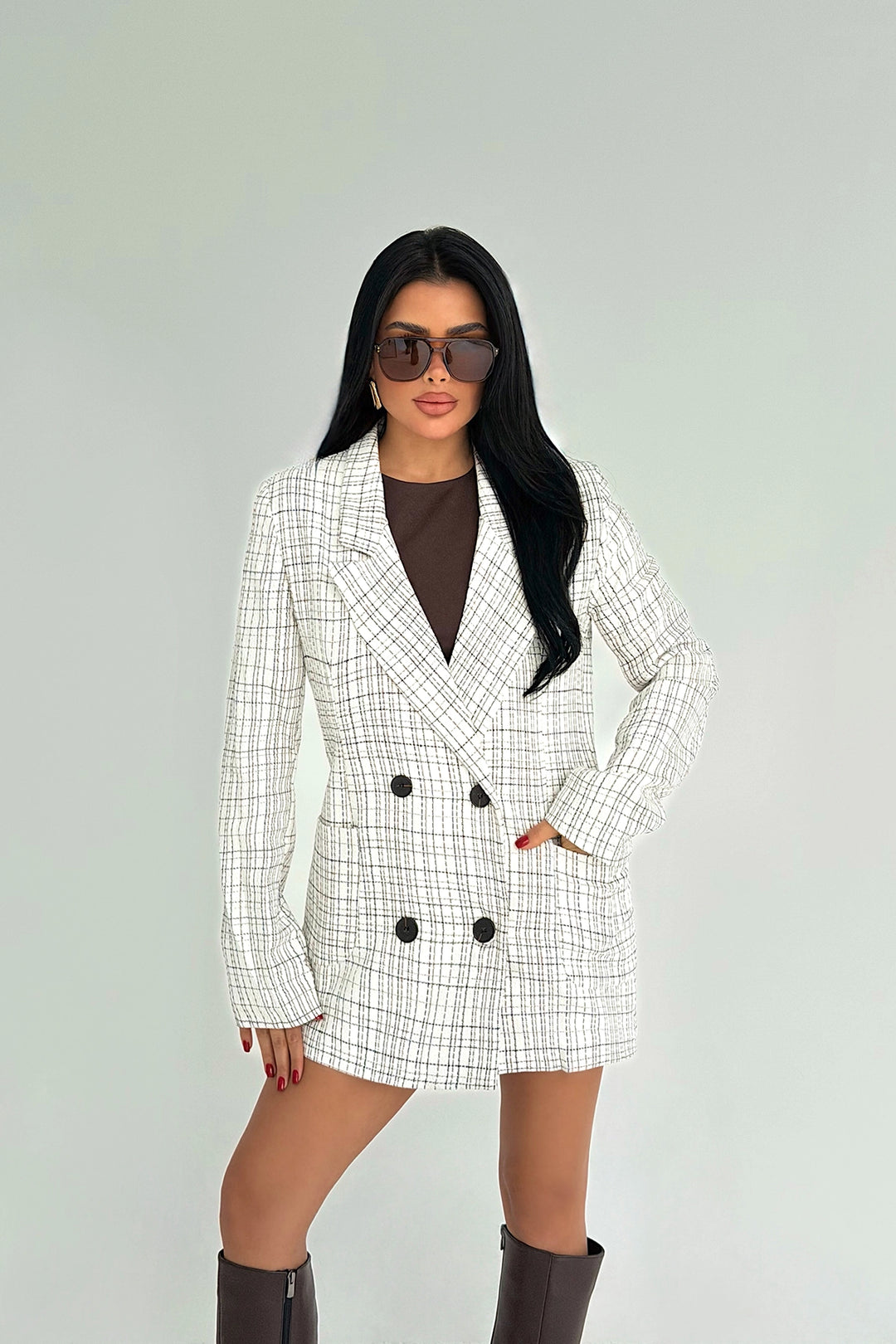 EYY Women Grey Plaid Blazer Jacket - Santa Ana Chiautempan