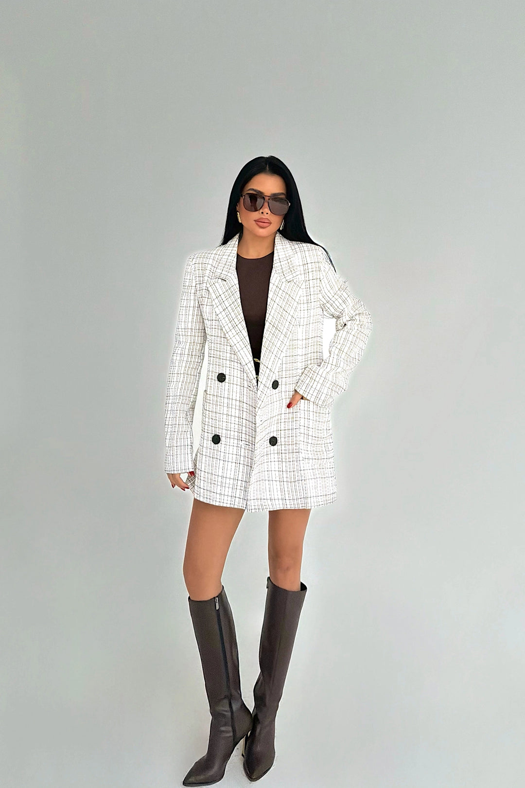 EYY Women Grey Plaid Blazer Jacket - Santa Ana Chiautempan
