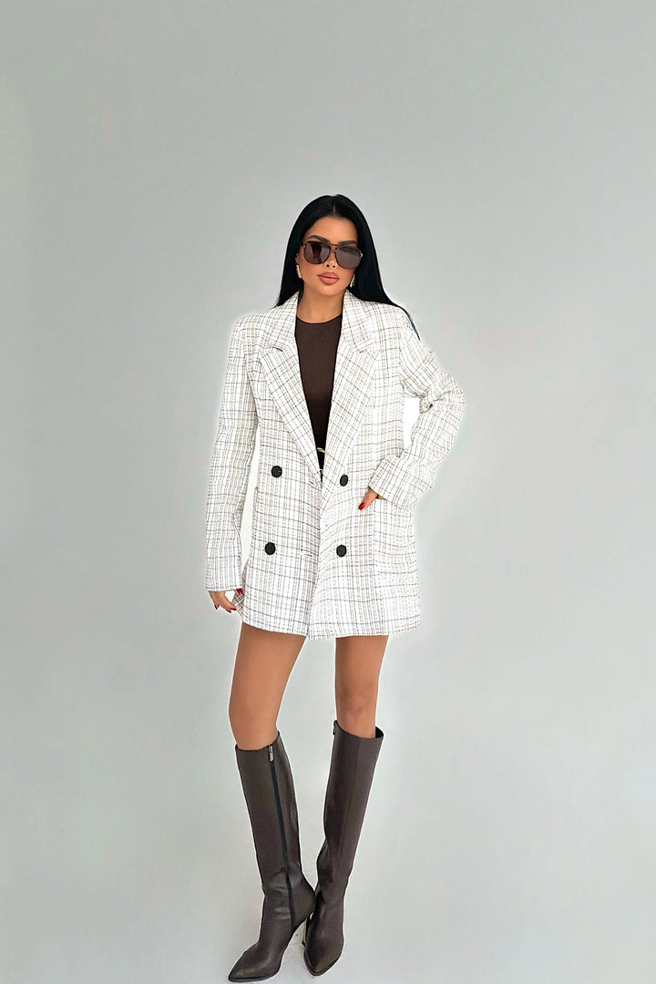 EYY Women Grey Plaid Blazer Jacket - Santa Ana Chiautempan