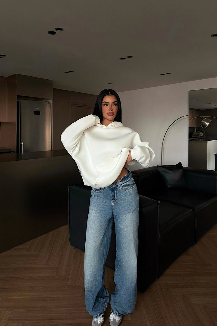 EYY Women White Hooded Sweatshirt with Stone Detail on the Back - Mount Laurel