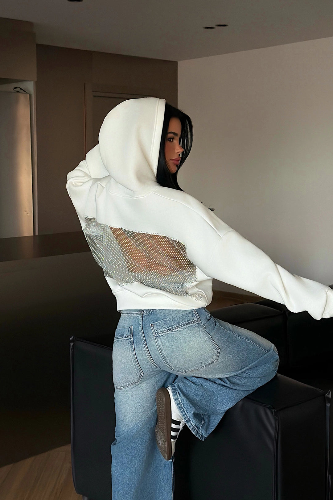 EYY Women White Hooded Sweatshirt with Stone Detail on the Back - Mount Laurel